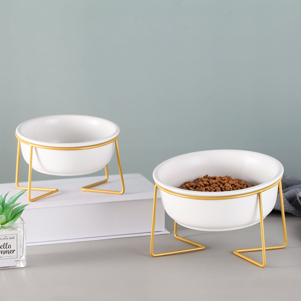 KFX-7493565 Tilted Ceramic Cat Bowl with Stainless Steel Base - Modern Design for Elevated Feeding