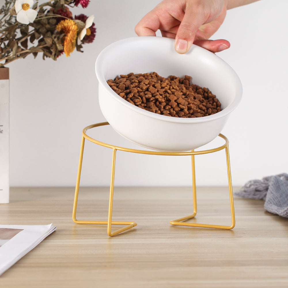 KFX-7493565 Tilted Ceramic Cat Bowl with Stainless Steel Base - Modern Design for Elevated Feeding
