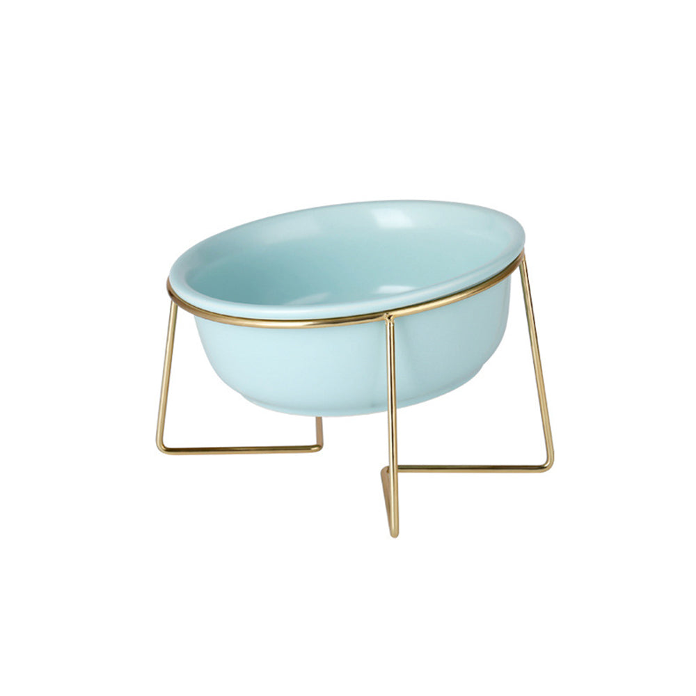 KFX-7493565 Tilted Ceramic Cat Bowl with Stainless Steel Base - Modern Design for Elevated Feeding