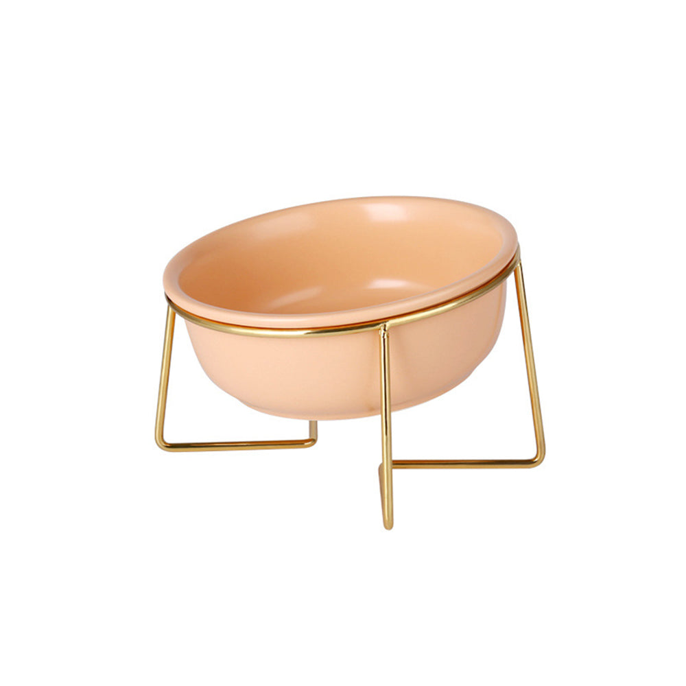 KFX-7493565 Tilted Ceramic Cat Bowl with Stainless Steel Base - Modern Design for Elevated Feeding