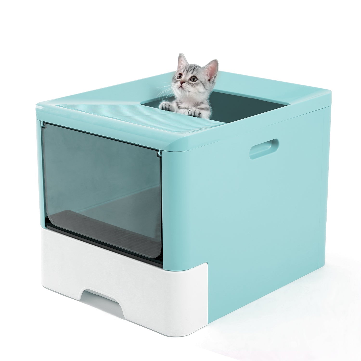 KFX-7497405 Large Fully Enclosed Cat Litter Box with Drawer - Blue Grey Color