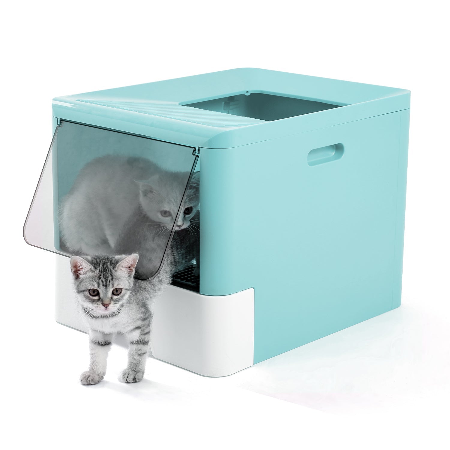KFX-7497405 Large Fully Enclosed Cat Litter Box with Drawer - Blue Grey Color