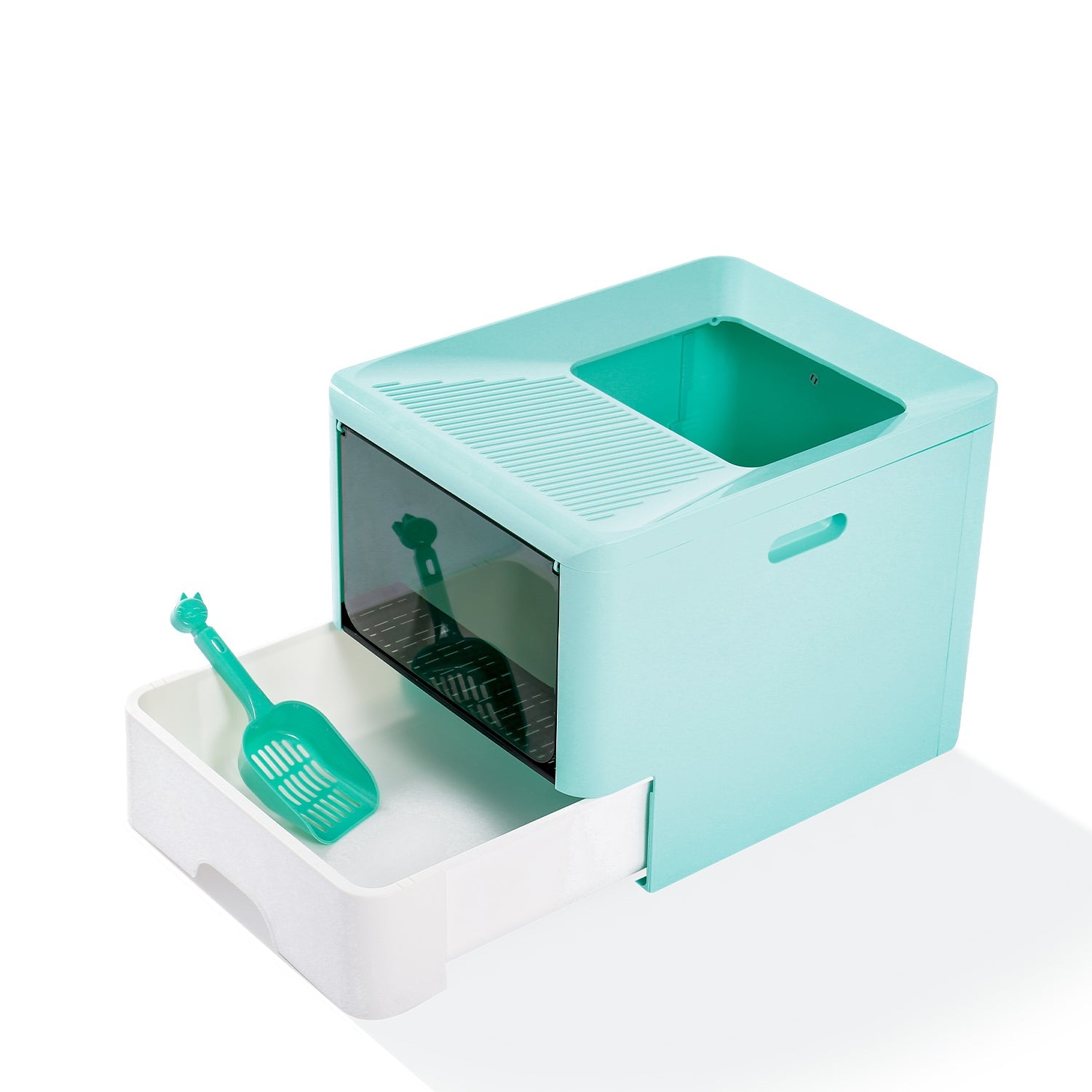 KFX-7497405 Large Fully Enclosed Cat Litter Box with Drawer - Blue Grey Color