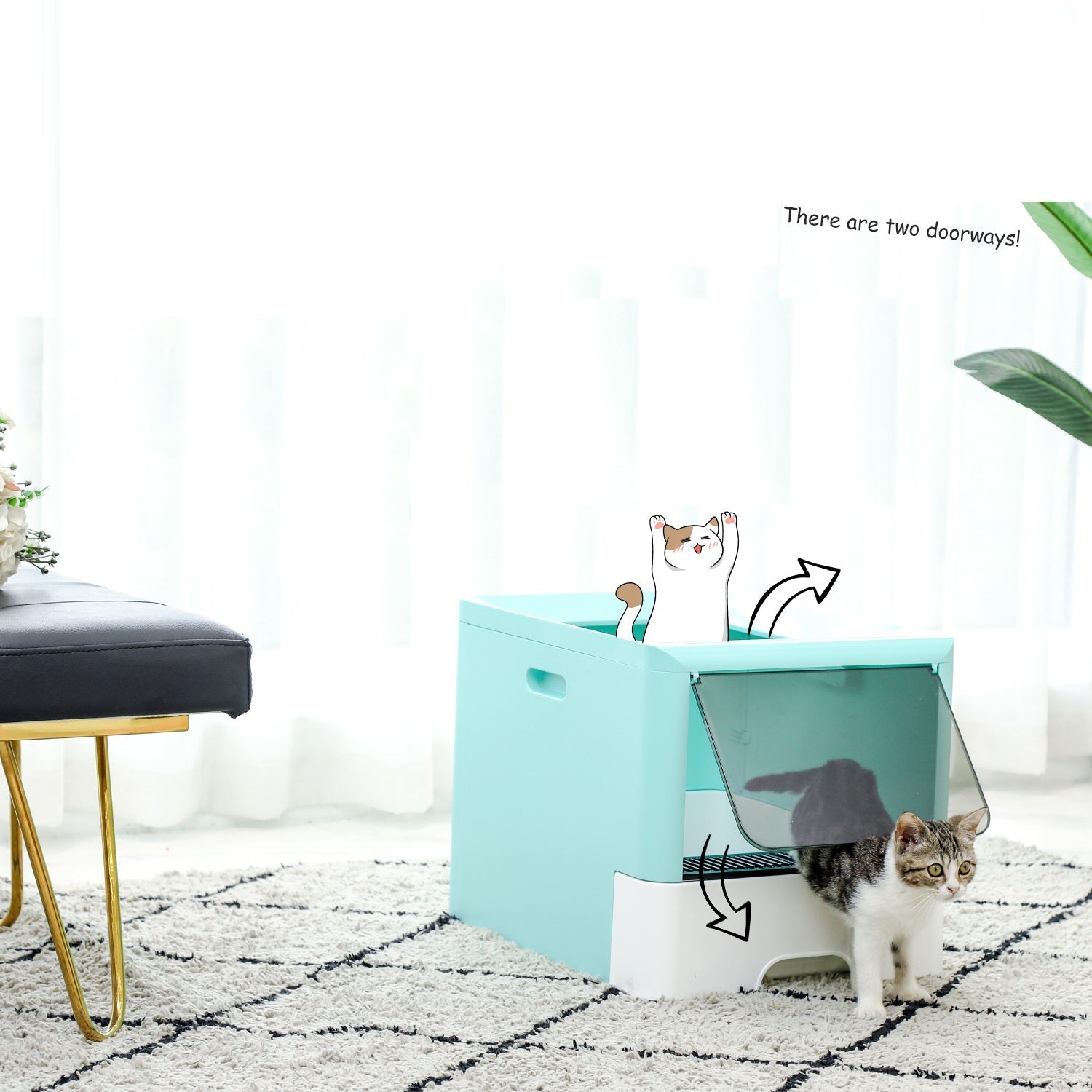 KFX-7497405 Large Fully Enclosed Cat Litter Box with Drawer - Blue Grey Color