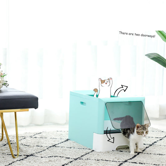 KFX-7497405 Large Fully Enclosed Cat Litter Box with Drawer - Blue Grey Color