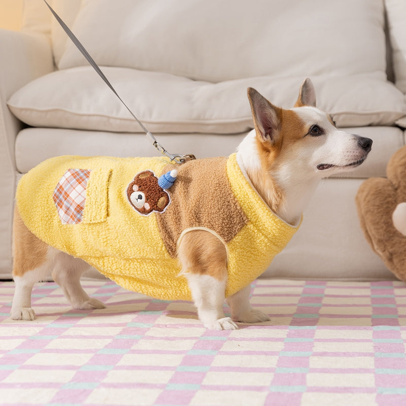 KFX-7497917 Cute Bear Embroidered Fleece Dog Jacket with Plaid Pockets and Zipper Closure for Small Dogs