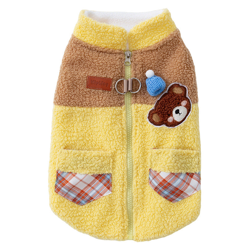 KFX-7497917 Cute Bear Embroidered Fleece Dog Jacket with Plaid Pockets and Zipper Closure for Small Dogs
