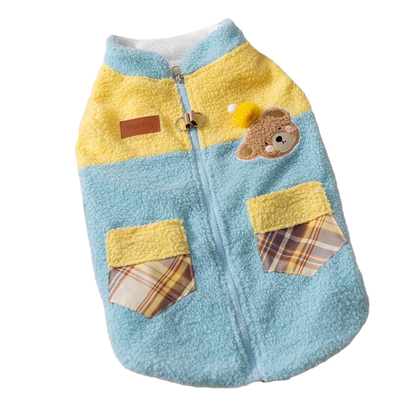 KFX-7497917 Cute Bear Embroidered Fleece Dog Jacket with Plaid Pockets and Zipper Closure for Small Dogs