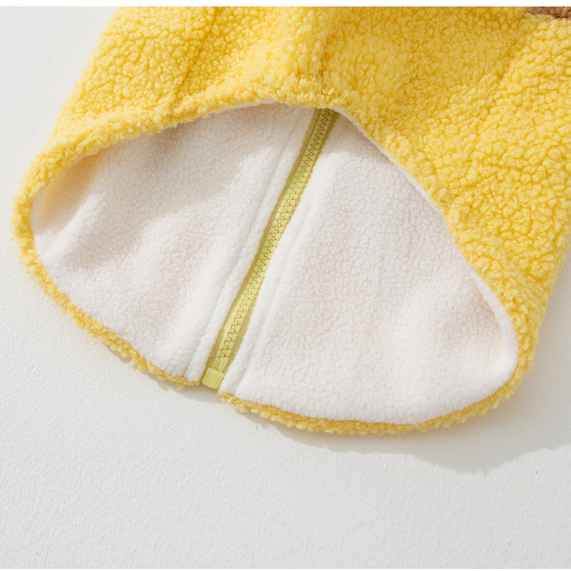 KFX-7497917 Cute Bear Embroidered Fleece Dog Jacket with Plaid Pockets and Zipper Closure for Small Dogs