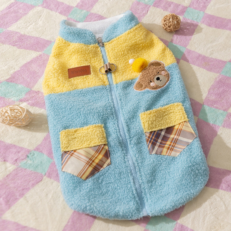 KFX-7497917 Cute Bear Embroidered Fleece Dog Jacket with Plaid Pockets and Zipper Closure for Small Dogs
