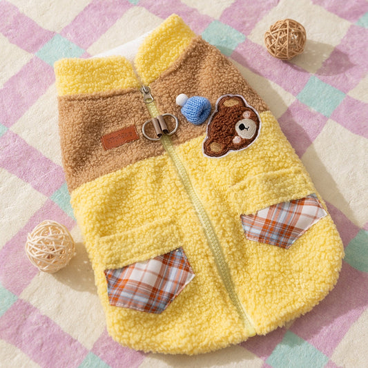 KFX-7497917 Cute Bear Embroidered Fleece Dog Jacket with Plaid Pockets and Zipper Closure for Small Dogs