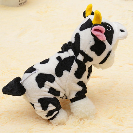 KFX-7503293 Warm Cow Costume Sweater for Dogs and Cats - Hooded Winter Jumpsuit, Sizes XS to XL