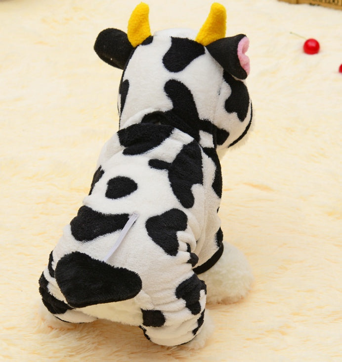 KFX-7503293 Warm Cow Costume Sweater for Dogs and Cats - Hooded Winter Jumpsuit, Sizes XS to XL
