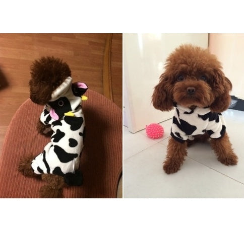 KFX-7503293 Warm Cow Costume Sweater for Dogs and Cats - Hooded Winter Jumpsuit, Sizes XS to XL