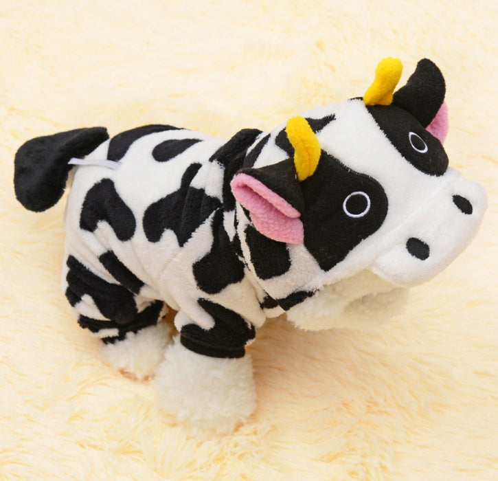 KFX-7503293 Warm Cow Costume Sweater for Dogs and Cats - Hooded Winter Jumpsuit, Sizes XS to XL