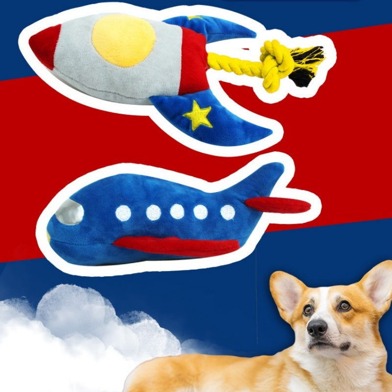 KFX-7506365 Durable Plush Dog and Cat Toy - Airplane/Rocket Shape, Bite-Resistant, Sound Feature, Teething & Dental Care