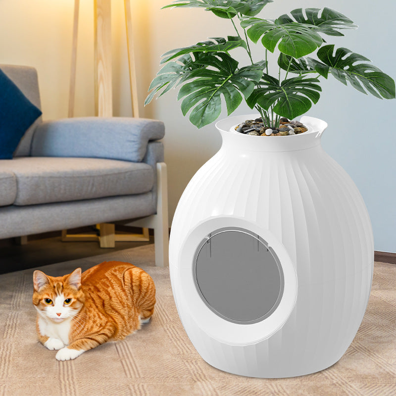 KFX-7508541 Flower Pot Style Enclosed Litter Box in Gray, White, and Pink - Durable ABS Plastic Design