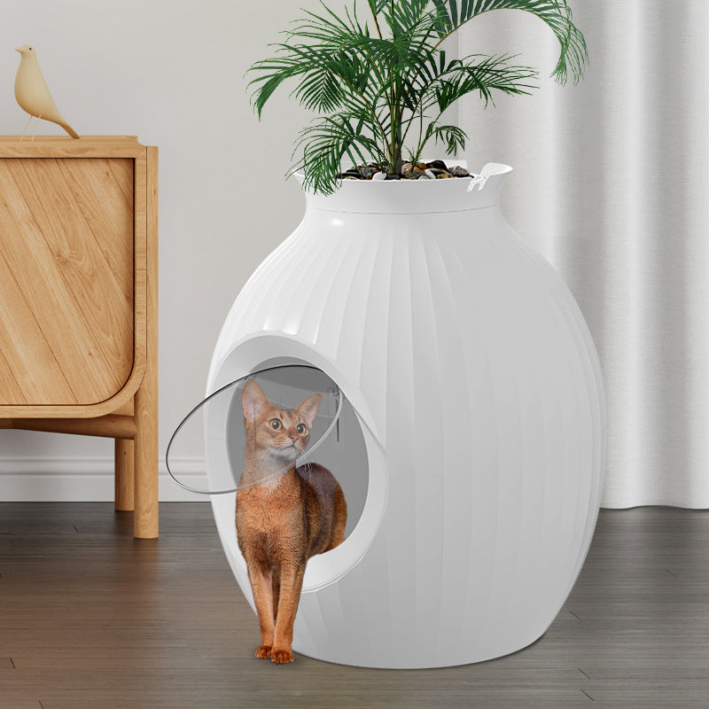 KFX-7508541 Flower Pot Style Enclosed Litter Box in Gray, White, and Pink - Durable ABS Plastic Design