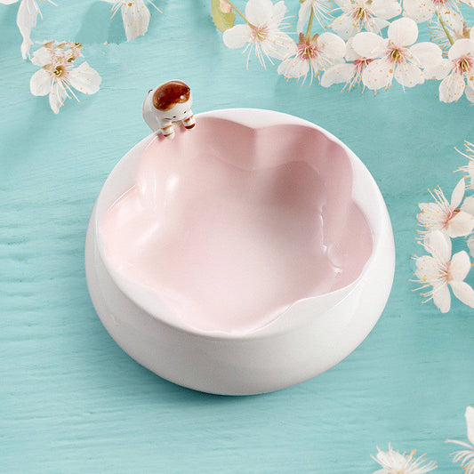 KFX-7510845 Sakura Ceramic Cat Bowl in Pink and Green – 200g Grain & 300ml Water Capacity, Hand-Glazed Design