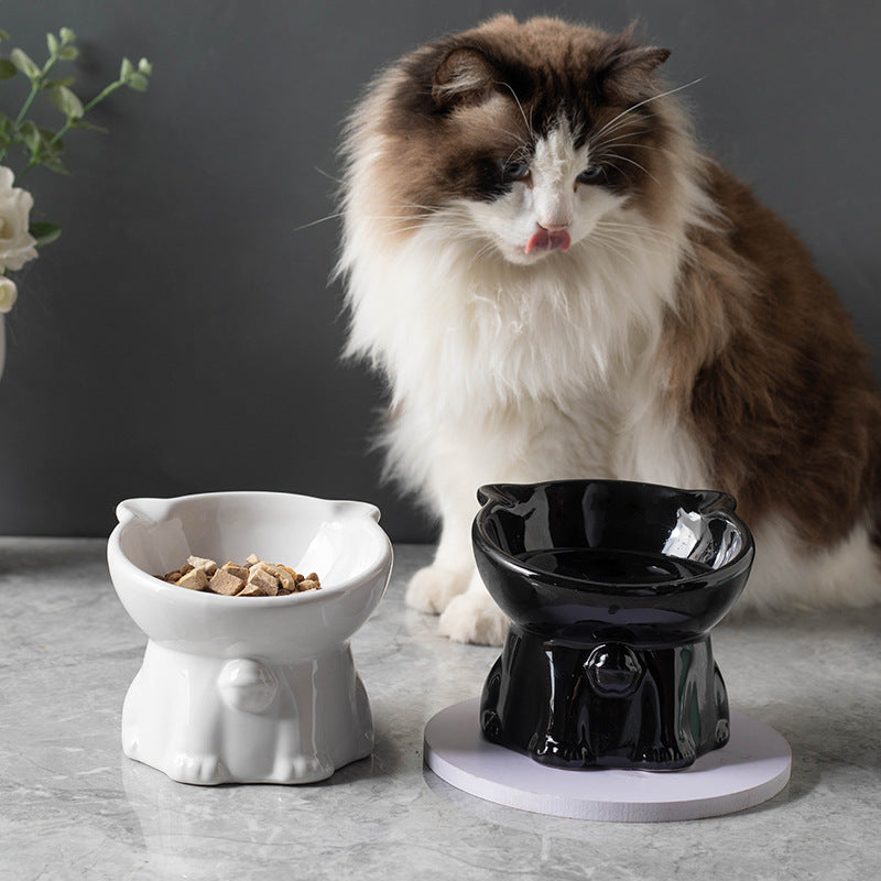 KFX-7516605 Cute Ceramic High Foot Cat Bowl in Black – Perfect for Pets
