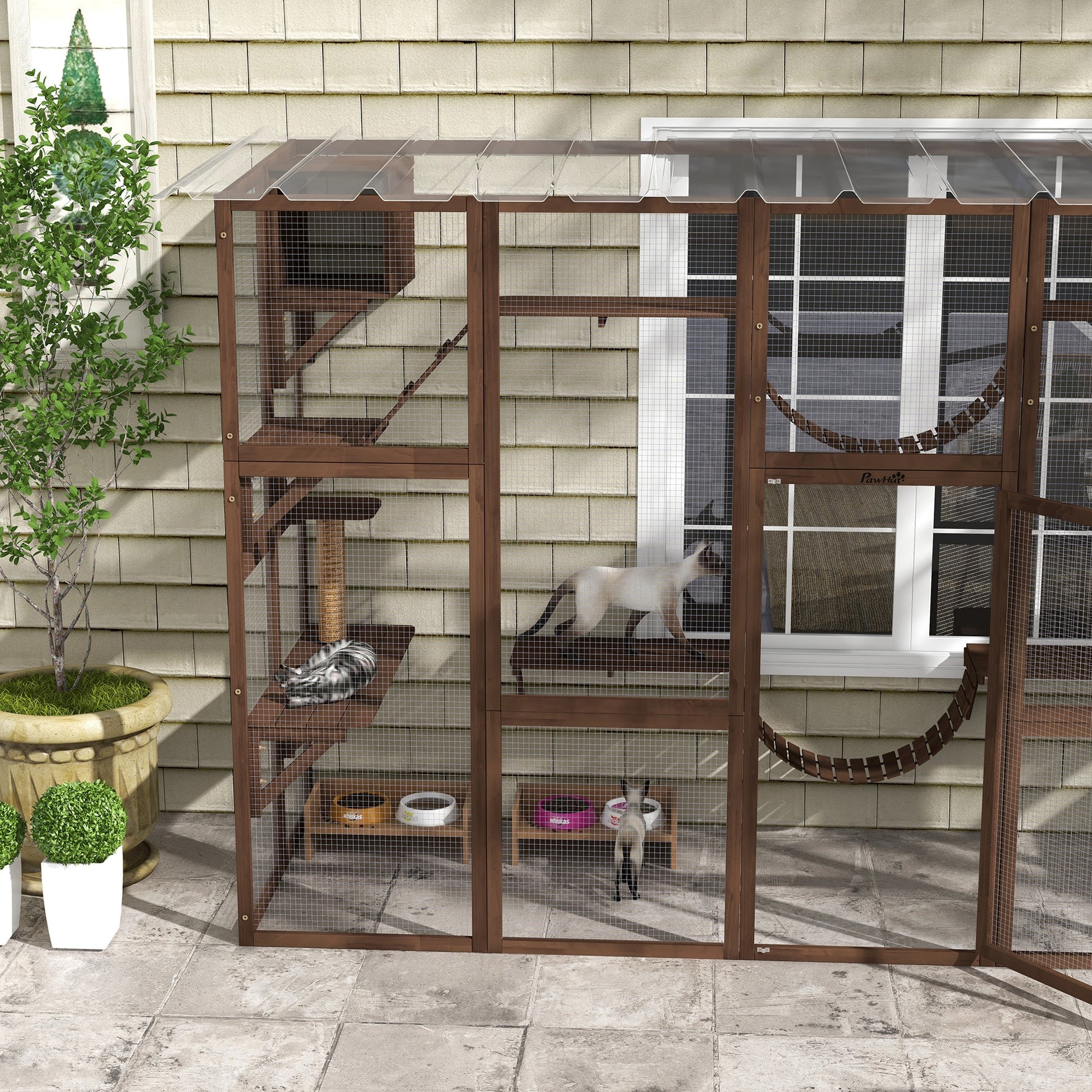 KFX-7526205 Outdoor Cat Window Box Enclosure with Shelves, Bridges, and Ramps for Multiple Cats