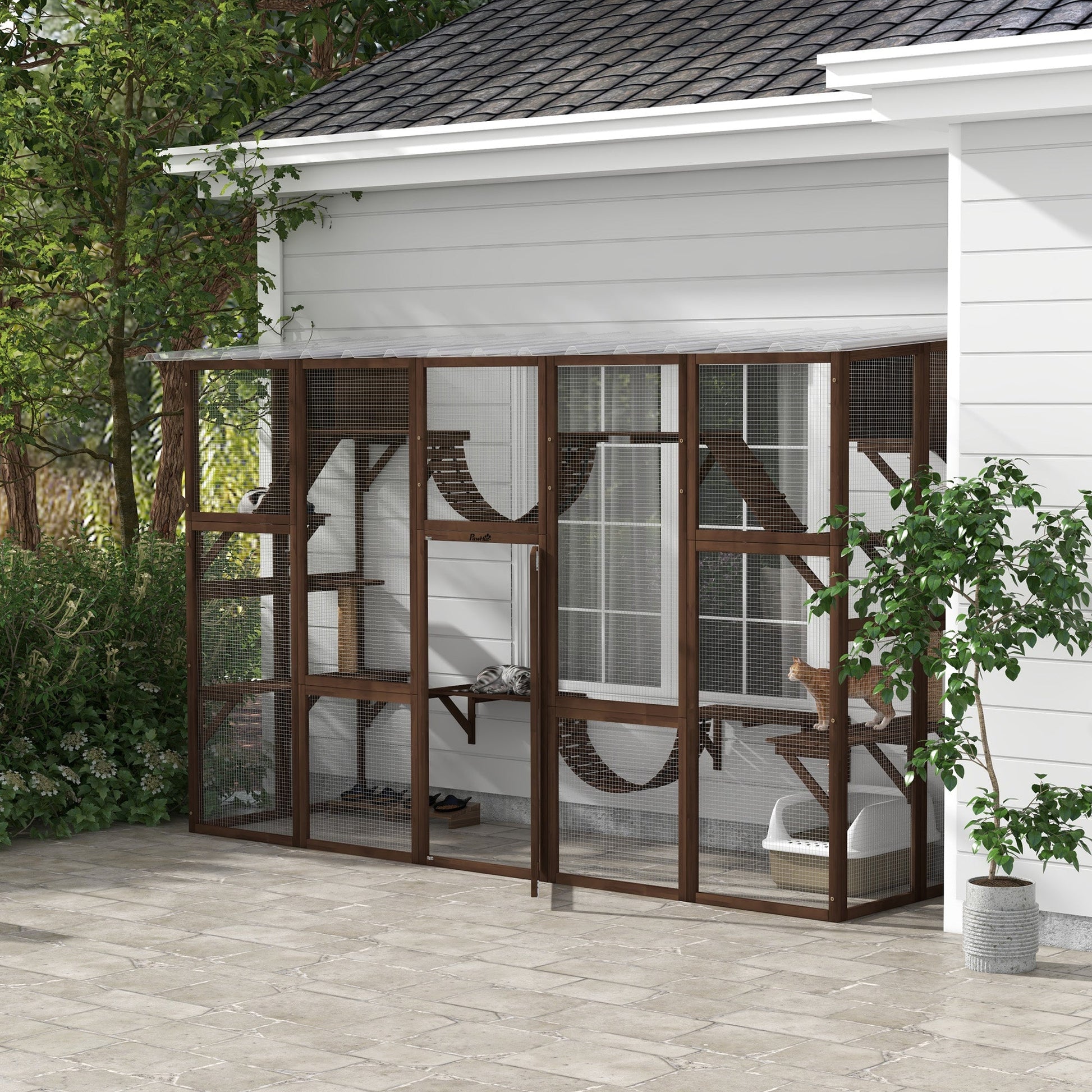 KFX-7526205 Outdoor Cat Window Box Enclosure with Shelves, Bridges, and Ramps for Multiple Cats