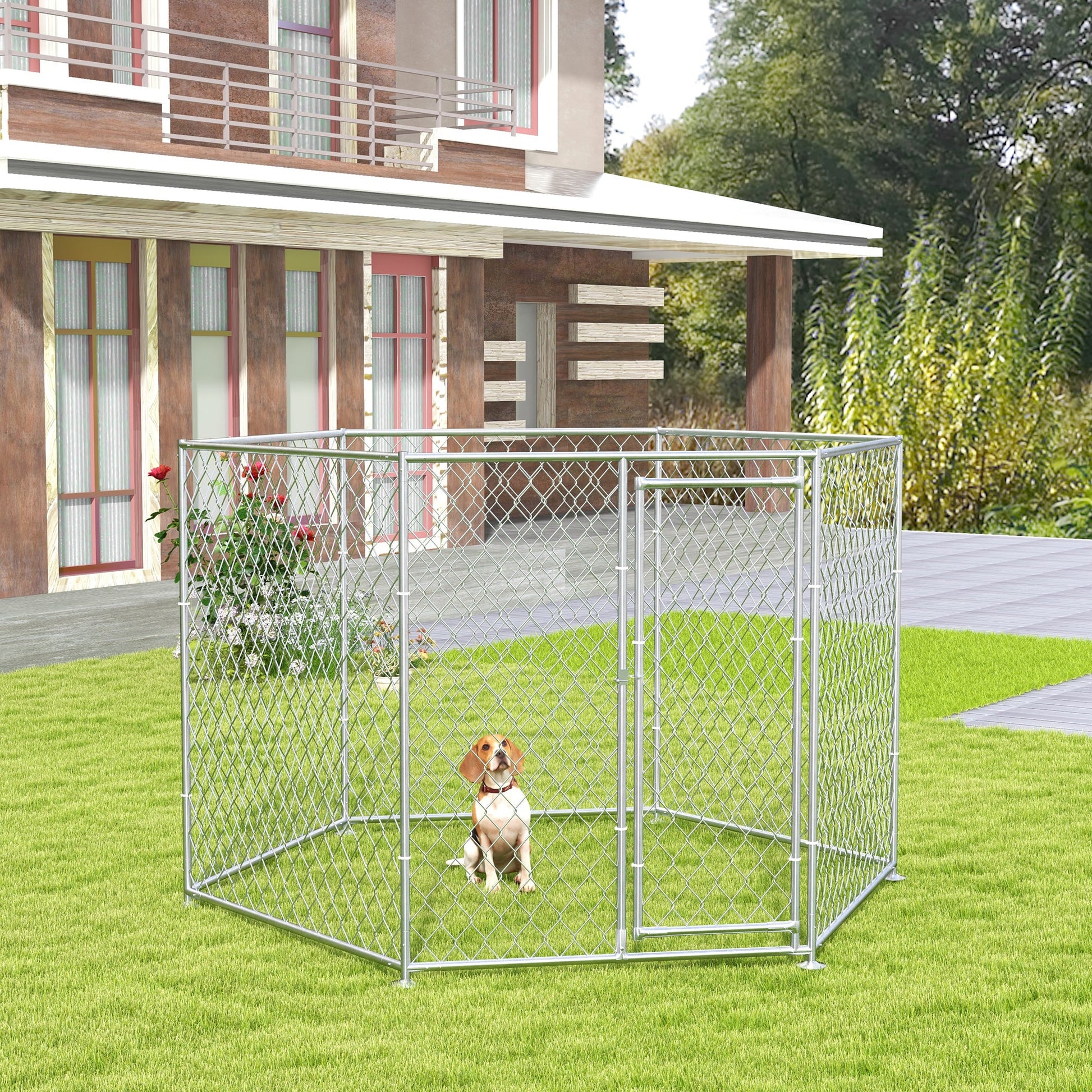 KFX-7535549 Outdoor Dog Kennel for Medium and Large Dogs with Lockable Walk-In Door and Spacious Design