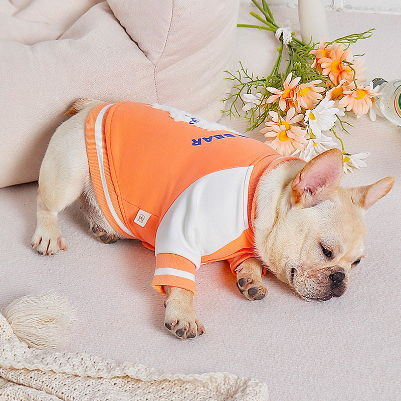 KFX-7538237 Casual Cotton Baseball Suit for Small Dogs in Orange - Teddy Bugs Law Design, Available in Multiple Sizes
