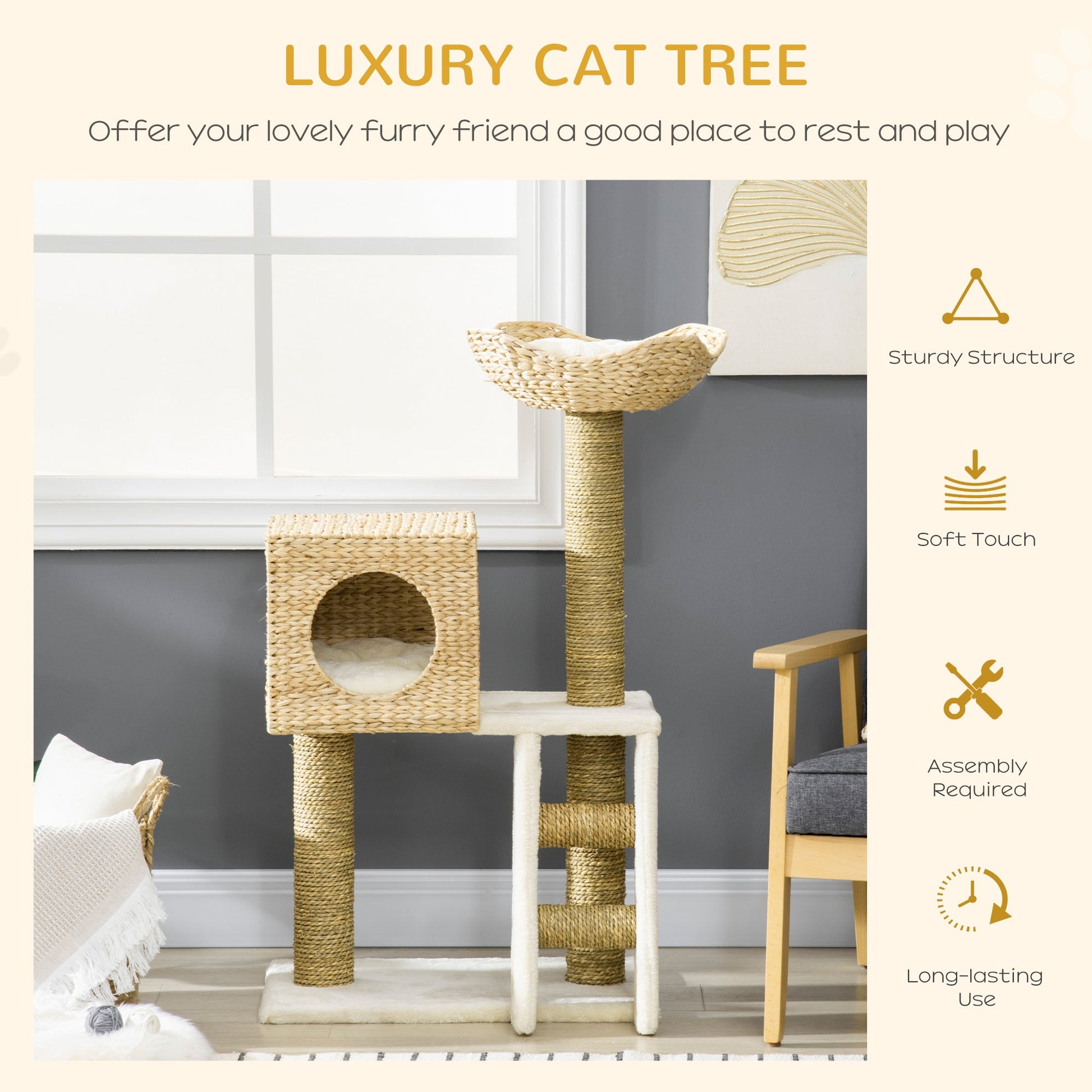 KFX-7540925 Indoor Cat Climbing Tower with Rattan Condo, Cushioned Basket Bed, and Ladder for Healthy Play and Rest
