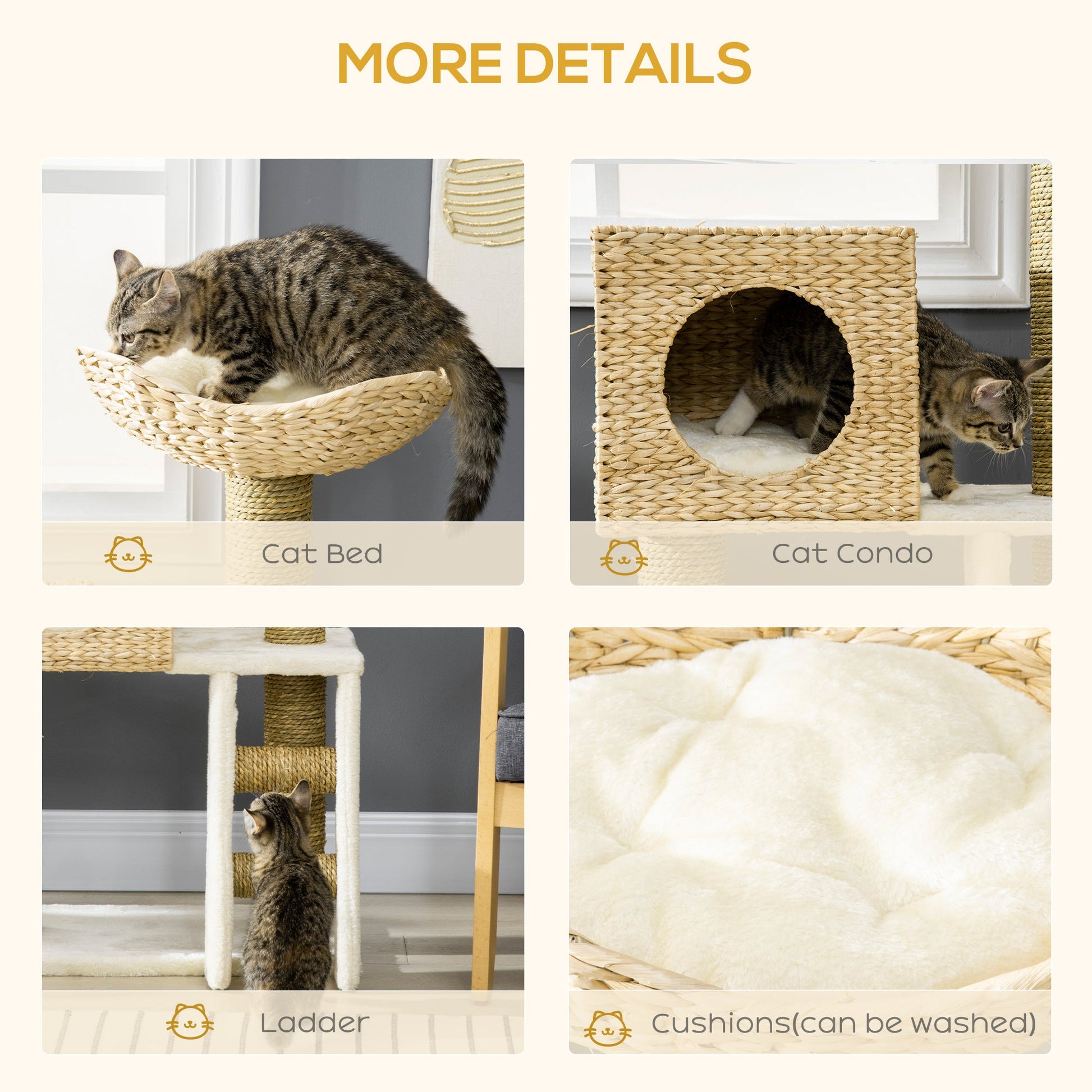 KFX-7540925 Indoor Cat Climbing Tower with Rattan Condo, Cushioned Basket Bed, and Ladder for Healthy Play and Rest