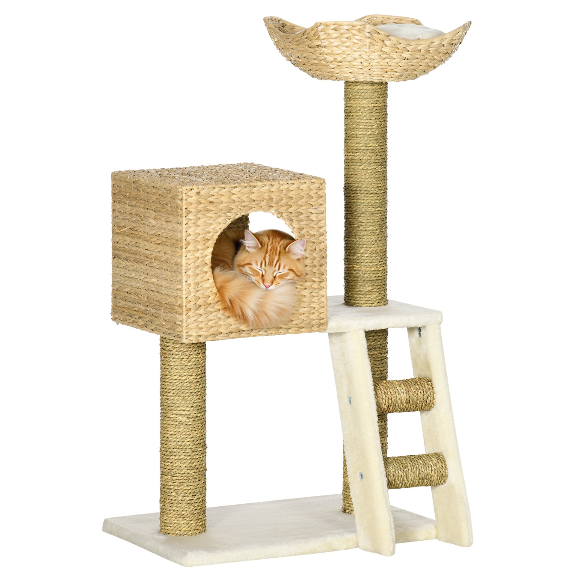 KFX-7540925 Indoor Cat Climbing Tower with Rattan Condo, Cushioned Basket Bed, and Ladder for Healthy Play and Rest