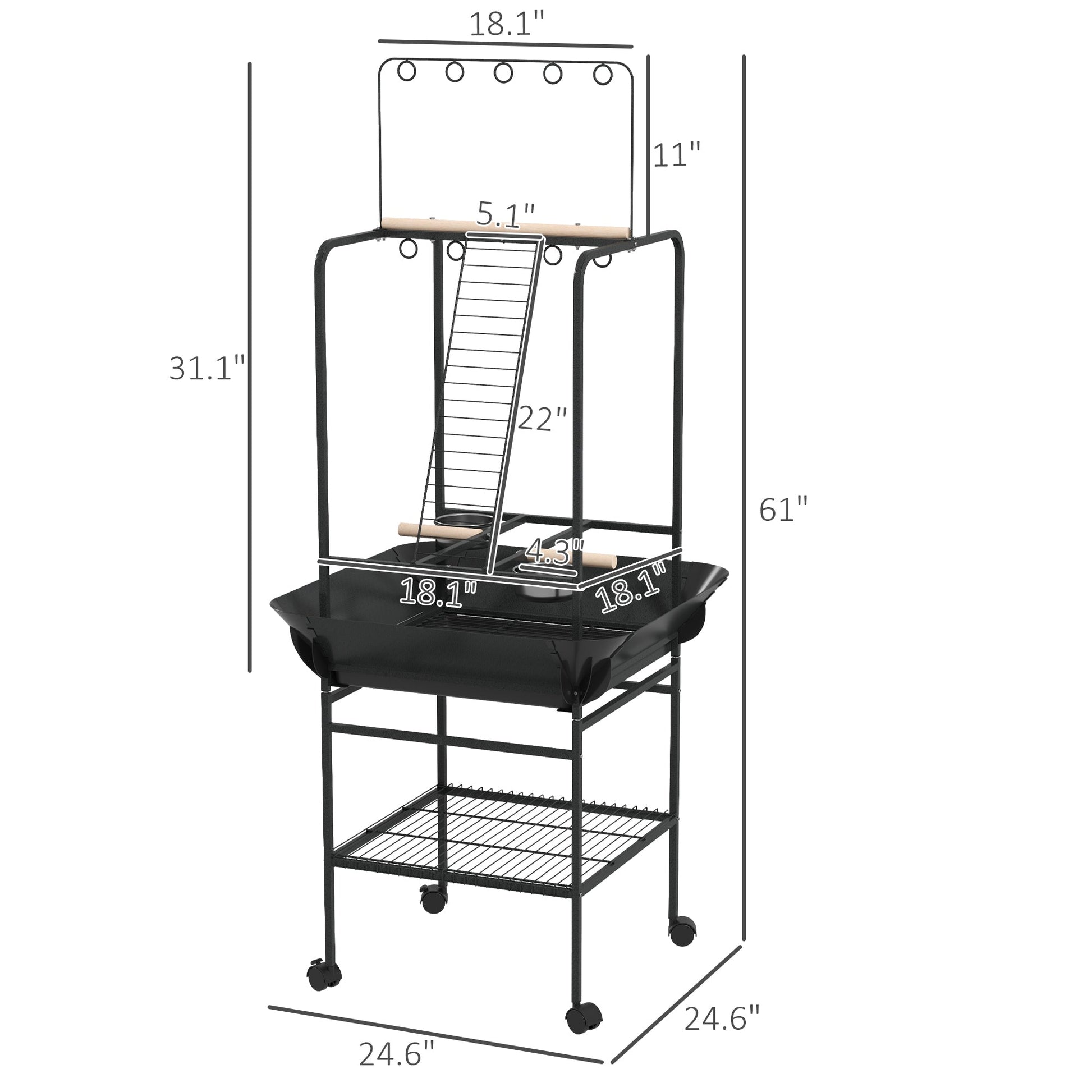 KFX-7545277 Dark Gray Bird Stand with Wheels, Perches, Stainless Steel Bowls, and Pull-Out Tray for Small Parrots