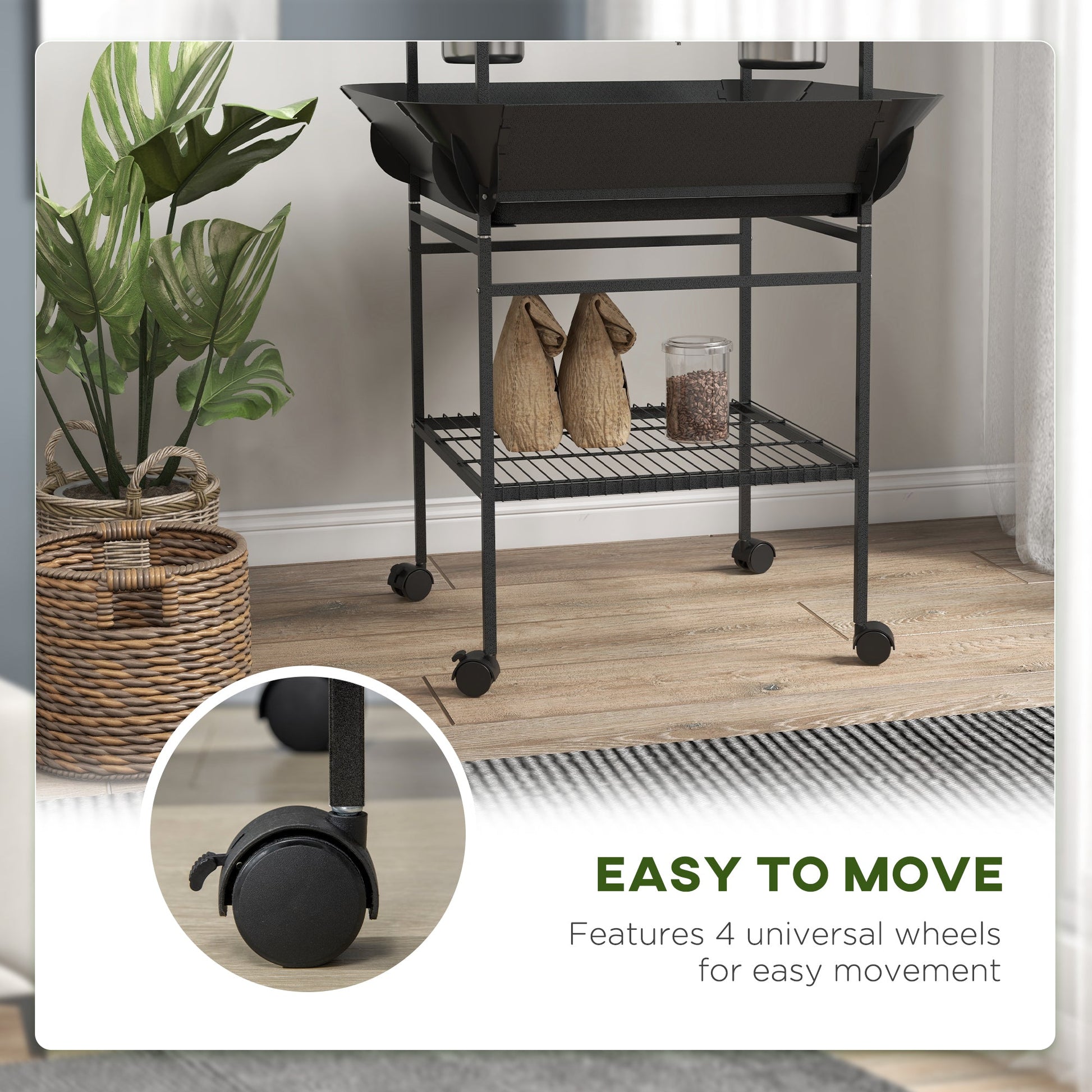 KFX-7545277 Dark Gray Bird Stand with Wheels, Perches, Stainless Steel Bowls, and Pull-Out Tray for Small Parrots