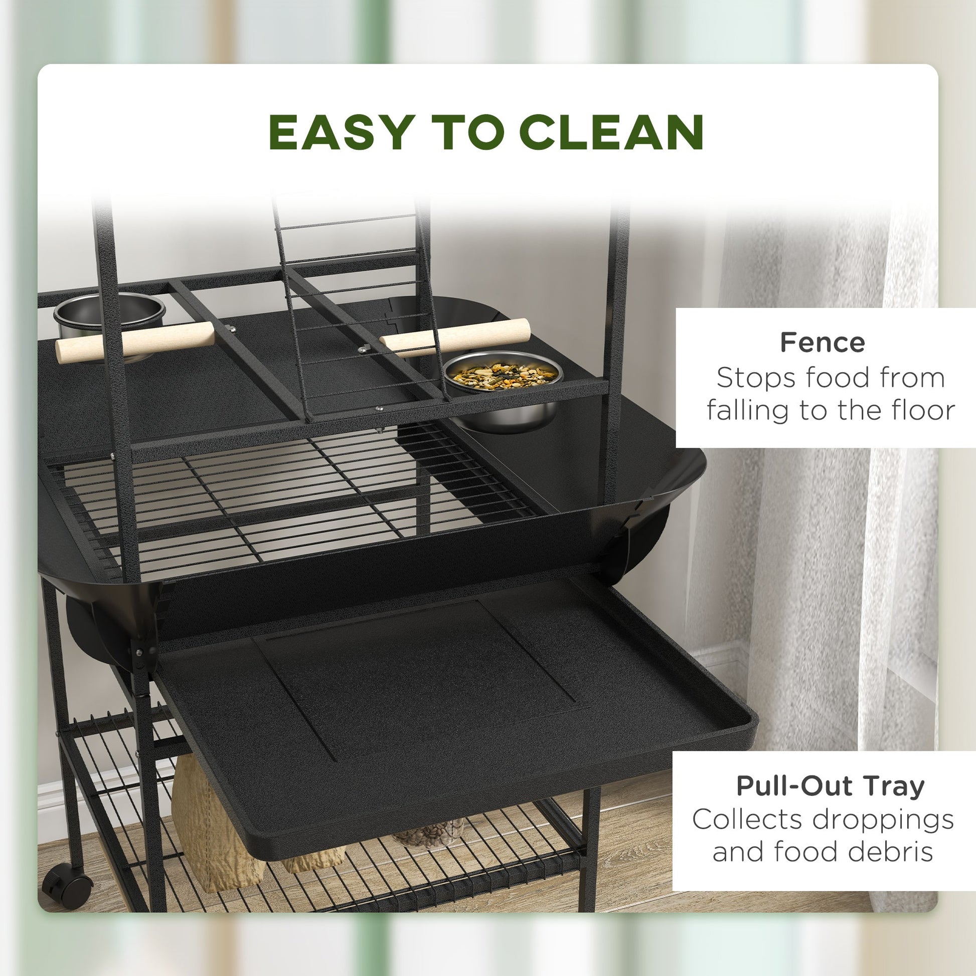 KFX-7545277 Dark Gray Bird Stand with Wheels, Perches, Stainless Steel Bowls, and Pull-Out Tray for Small Parrots