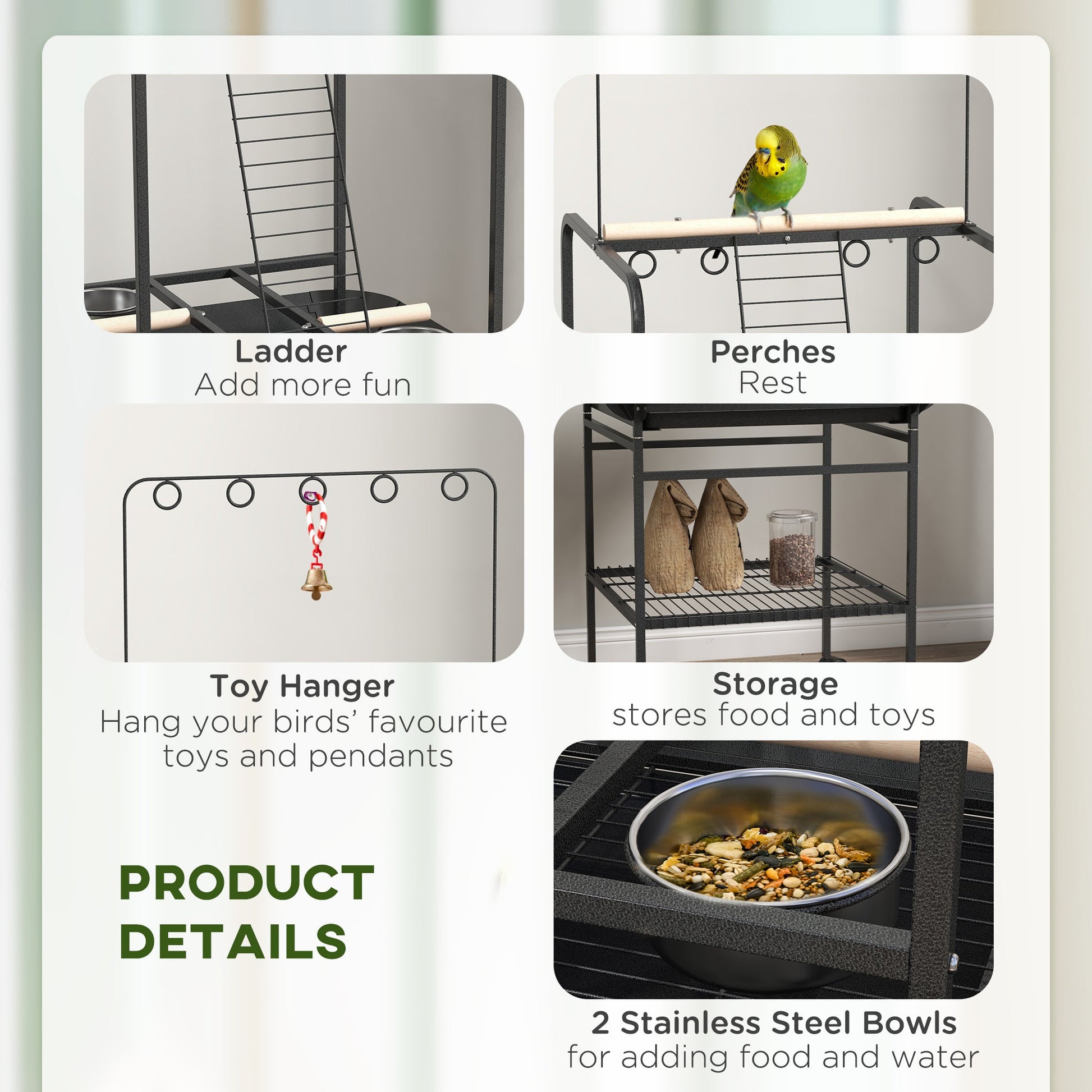 KFX-7545277 Dark Gray Bird Stand with Wheels, Perches, Stainless Steel Bowls, and Pull-Out Tray for Small Parrots