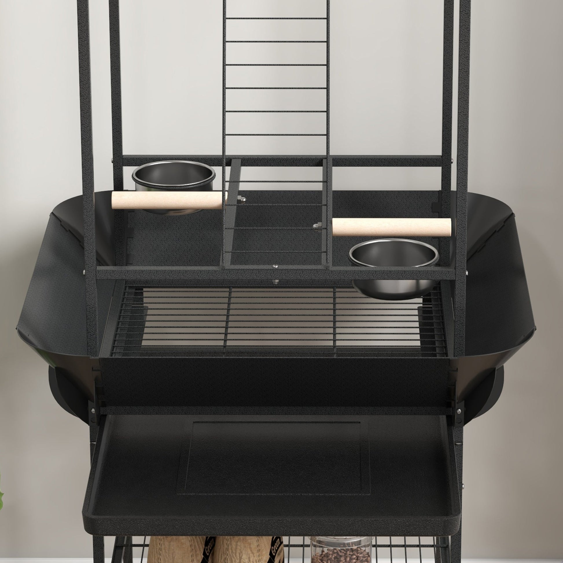 KFX-7545277 Dark Gray Bird Stand with Wheels, Perches, Stainless Steel Bowls, and Pull-Out Tray for Small Parrots