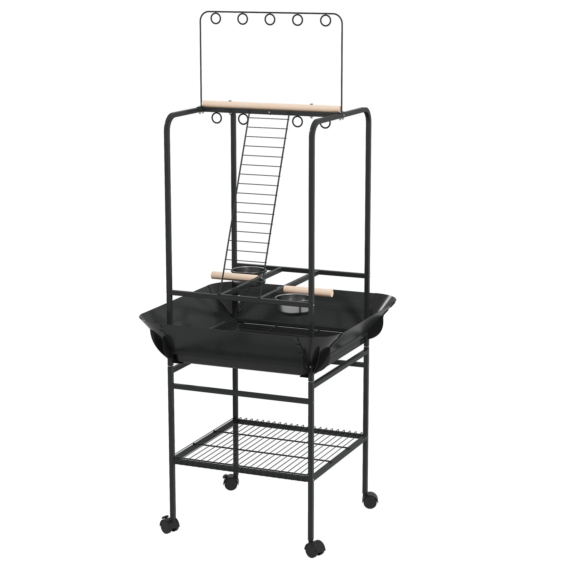 KFX-7545277 Dark Gray Bird Stand with Wheels, Perches, Stainless Steel Bowls, and Pull-Out Tray for Small Parrots