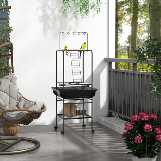 KFX-7545277 Dark Gray Bird Stand with Wheels, Perches, Stainless Steel Bowls, and Pull-Out Tray for Small Parrots