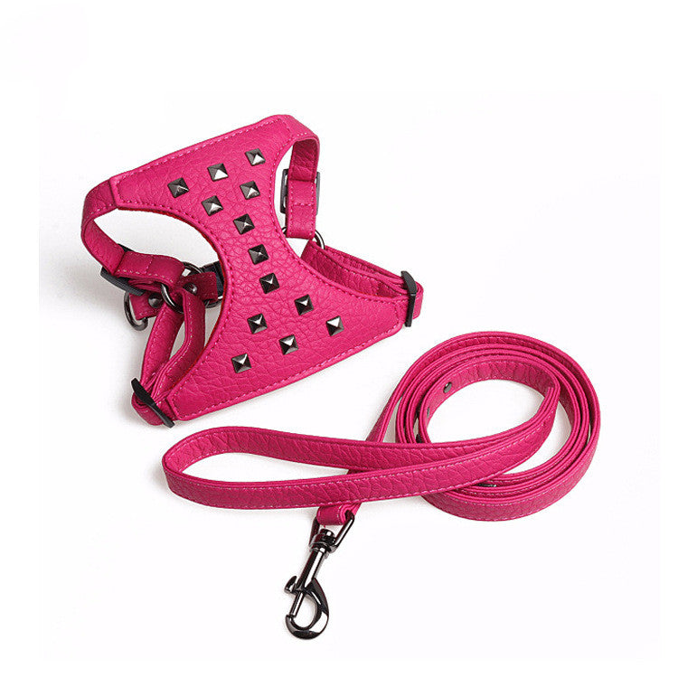 KFX-7546685 Adjustable Stylish Dog Vest with Studded Leather Leash, Black and Pink