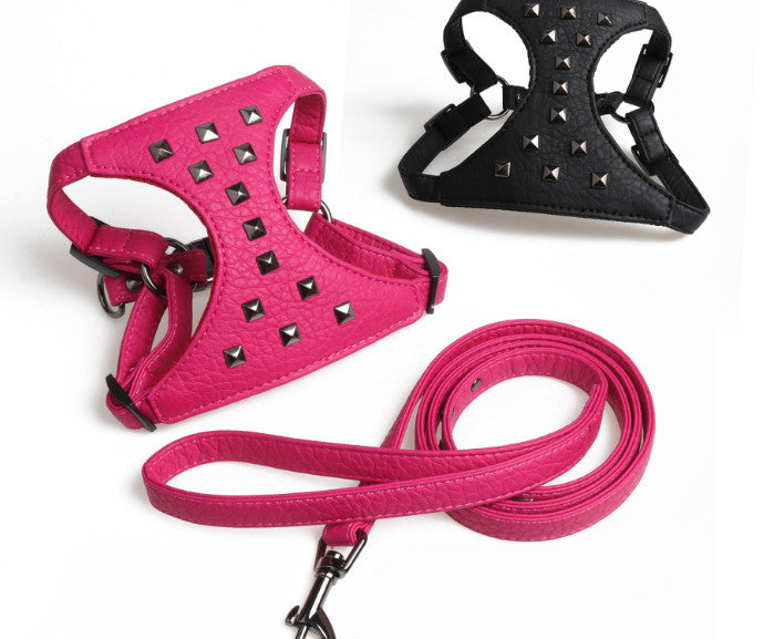 KFX-7546685 Adjustable Stylish Dog Vest with Studded Leather Leash, Black and Pink