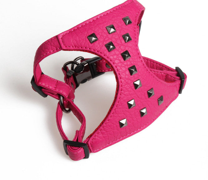 KFX-7546685 Adjustable Stylish Dog Vest with Studded Leather Leash, Black and Pink
