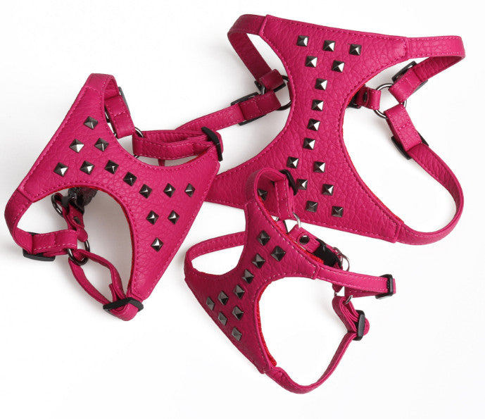 KFX-7546685 Adjustable Stylish Dog Vest with Studded Leather Leash, Black and Pink