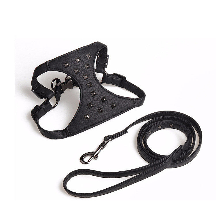 KFX-7546685 Adjustable Stylish Dog Vest with Studded Leather Leash, Black and Pink