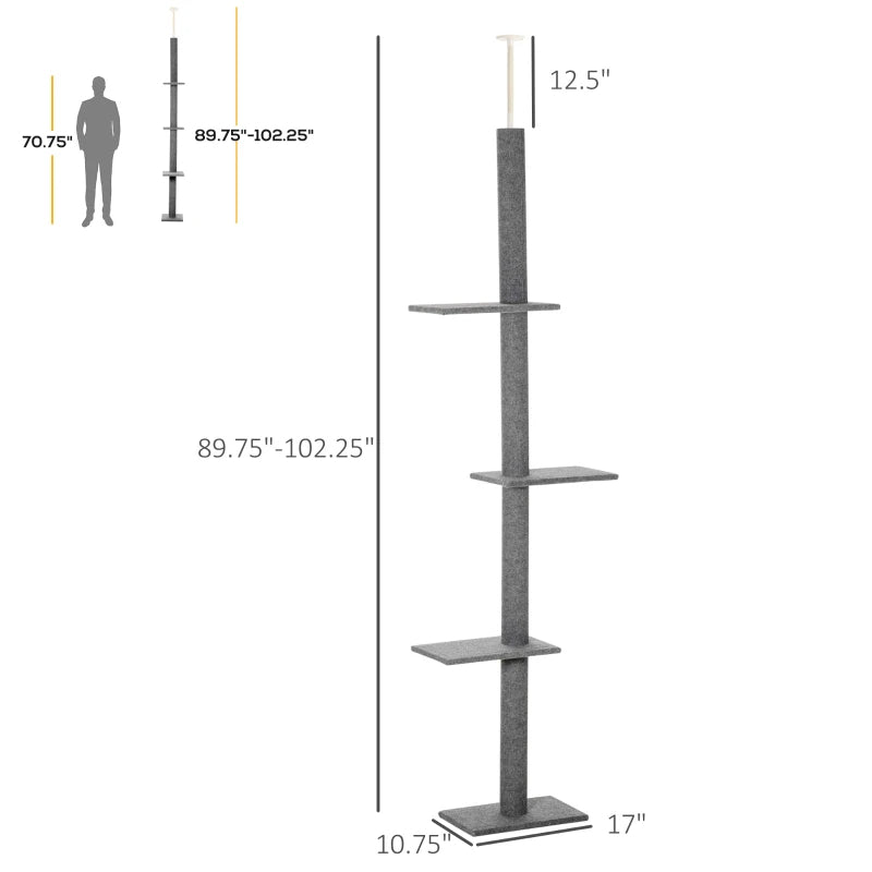 KFX-7548861 Adjustable Height Cat Tree with Sisal-Covered Scratching Posts and Soft Platforms, 8.5 ft Climbing Tower for Cats, Grey