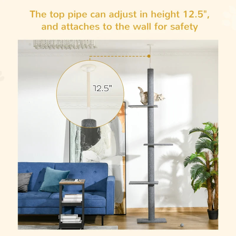 KFX-7548861 Adjustable Height Cat Tree with Sisal-Covered Scratching Posts and Soft Platforms, 8.5 ft Climbing Tower for Cats, Grey