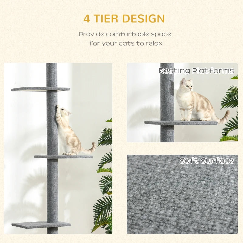 KFX-7548861 Adjustable Height Cat Tree with Sisal-Covered Scratching Posts and Soft Platforms, 8.5 ft Climbing Tower for Cats, Grey