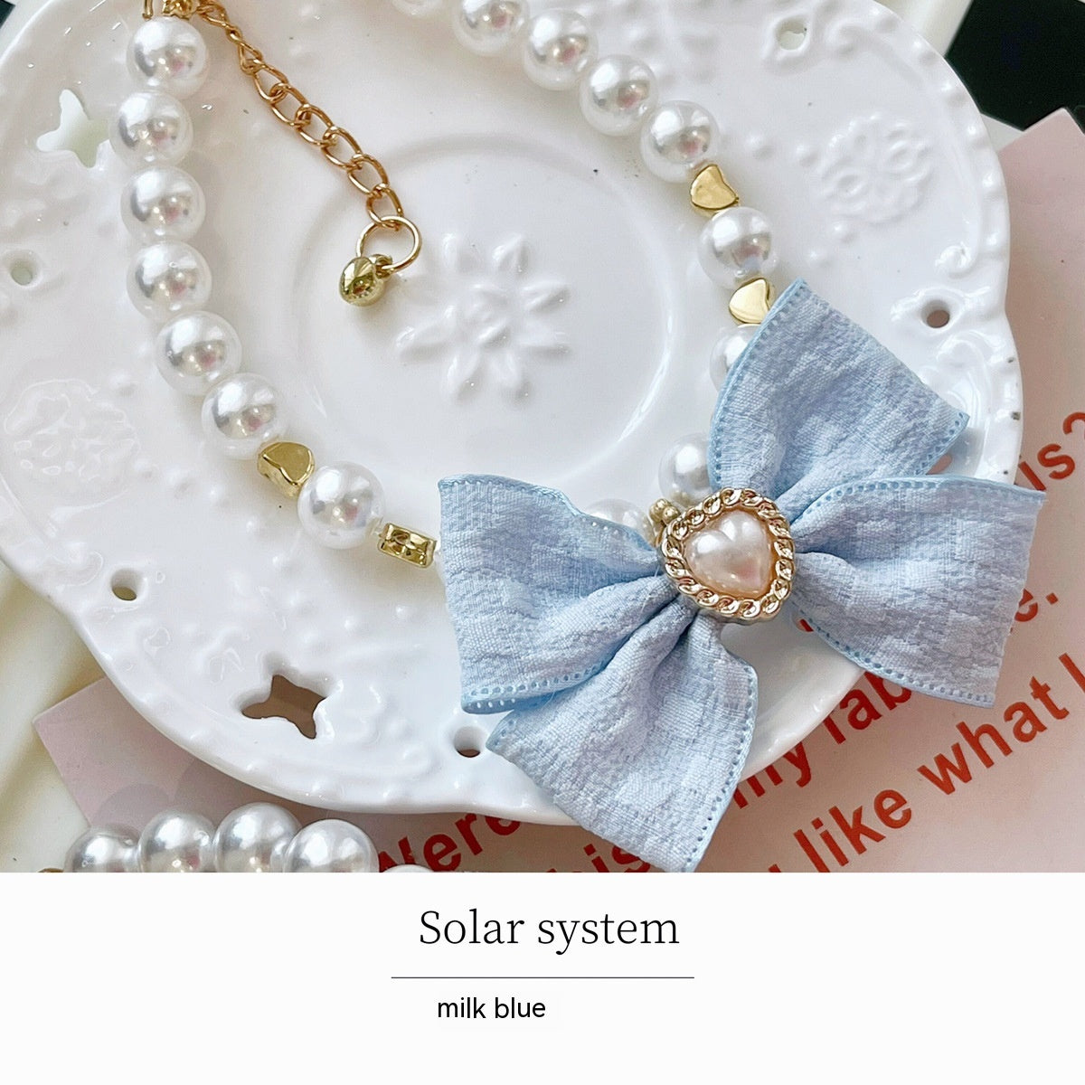 KFX-7555133 Elegant Pearl Collar with Bow for Pets - Available in White and Milk Blue, Various Sizes