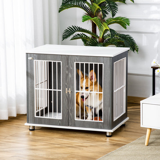 KFX-7562557 Two-in-One Dog Crate and End Table for Small to Medium Pets, Stylish Wooden Design with Lockable Door and Ventilated Windows