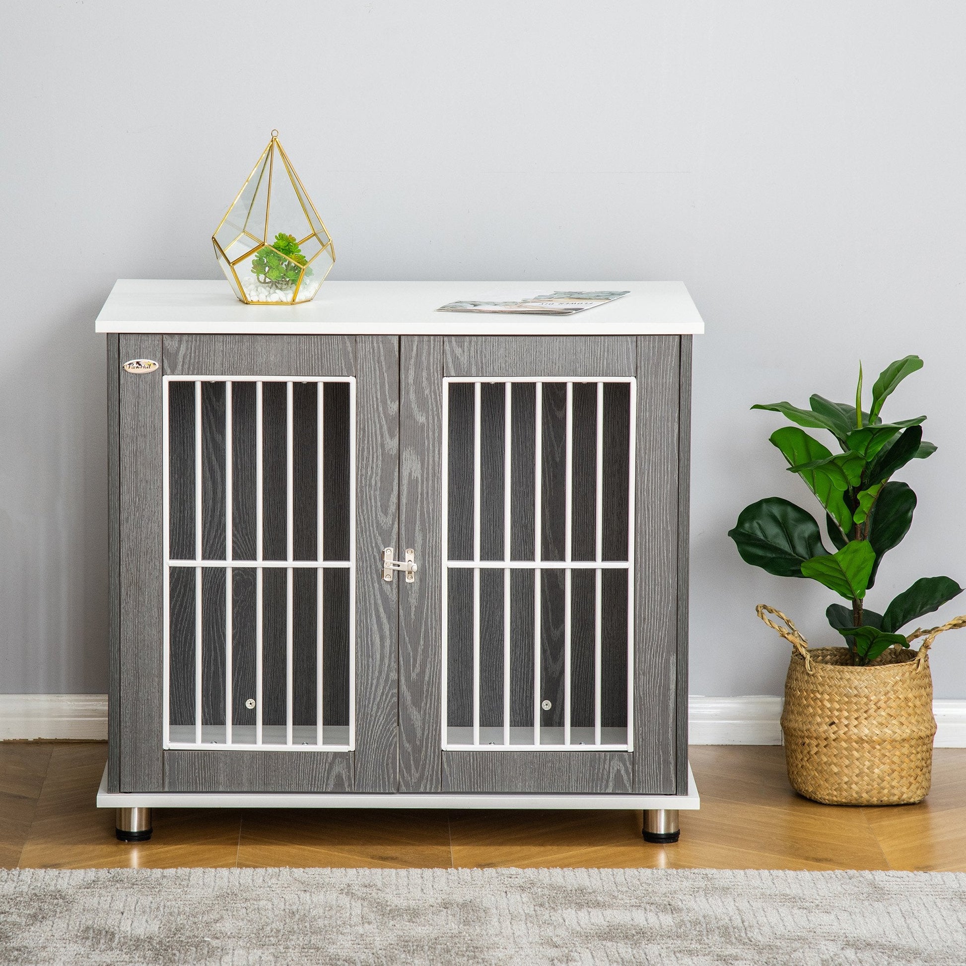 KFX-7562557 Two-in-One Dog Crate and End Table for Small to Medium Pets, Stylish Wooden Design with Lockable Door and Ventilated Windows