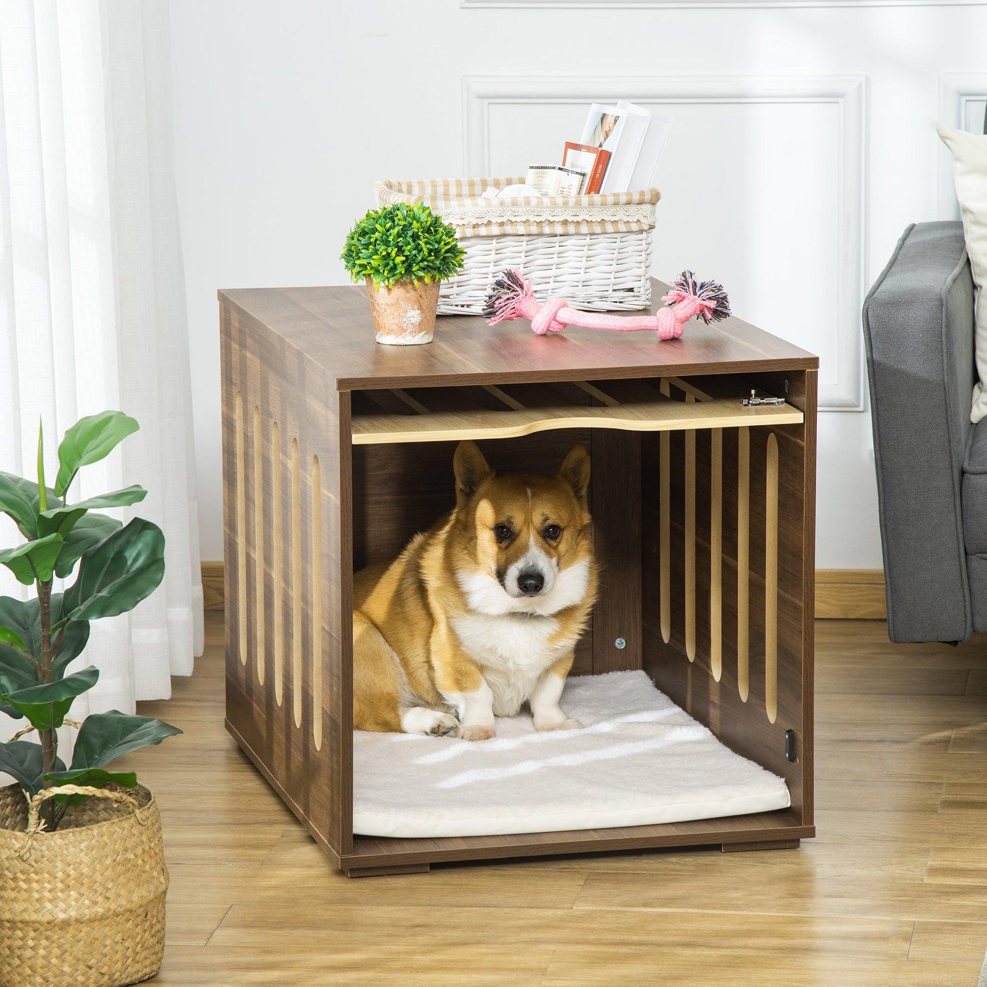 KFX-7562557 Two-in-One Dog Crate and End Table for Small to Medium Pets, Stylish Wooden Design with Lockable Door and Ventilated Windows